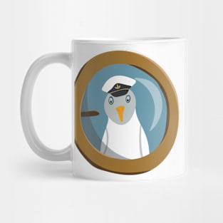 Funny seagull captain behind bull's eye on ship Mug